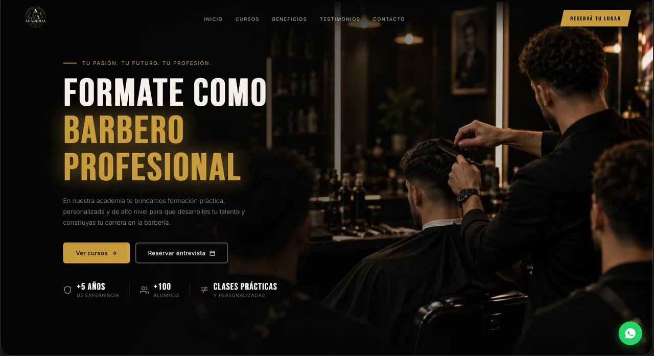 Página da Academia de Barbería, com título sobre formação profissional, fundo escuro e detalhes dourados.