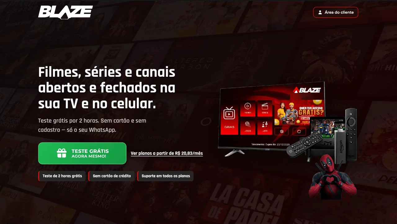 Página inicial de Blaze TV, com identidade vermelha e preta, planos de assinatura e apresentação do serviço.