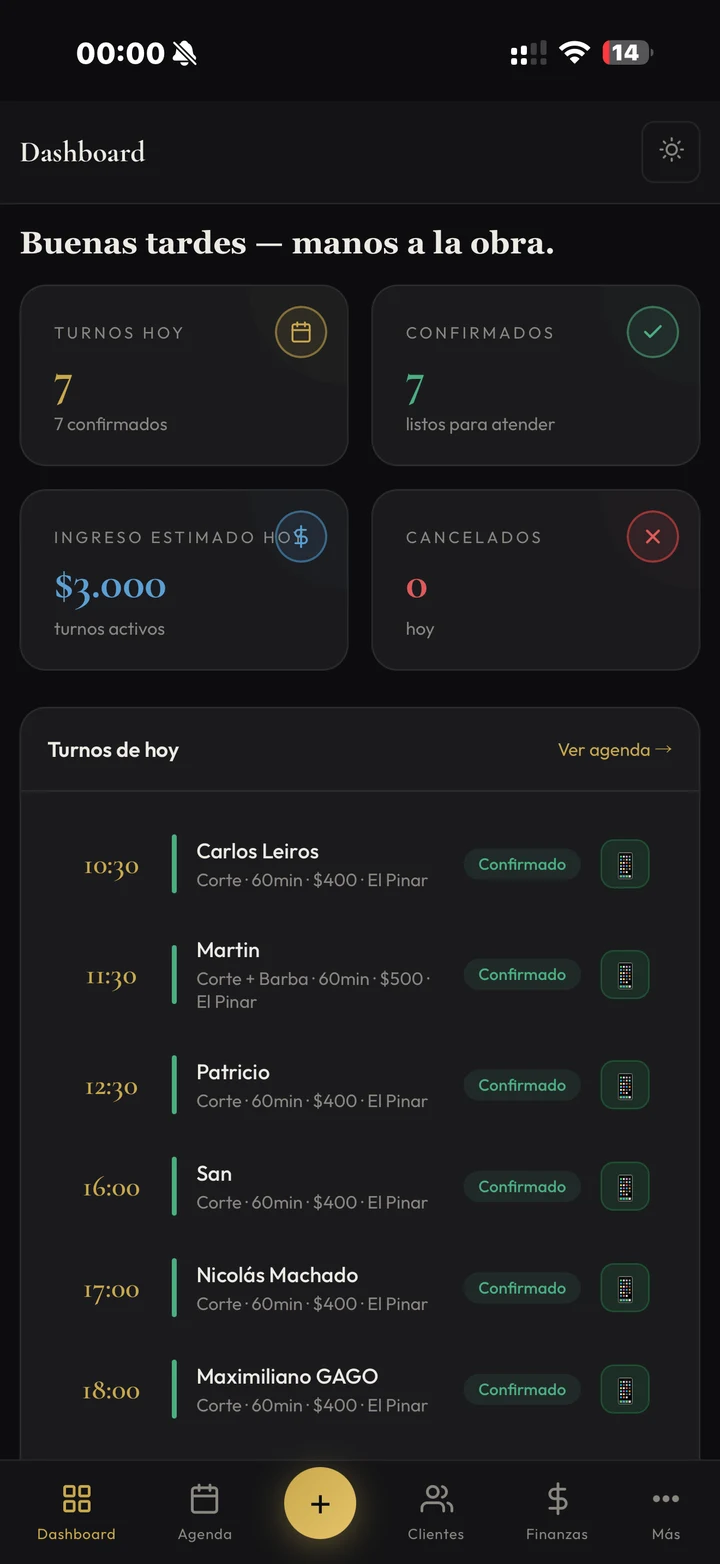 Dashboard do Pinar Barber Club com resumo diário e lista de agendamentos.