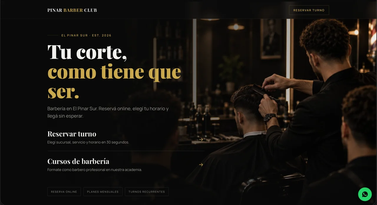Página de Pinar Barber Club, com identidade preta e dourada, fotografia de um corte e acesso às reservas.