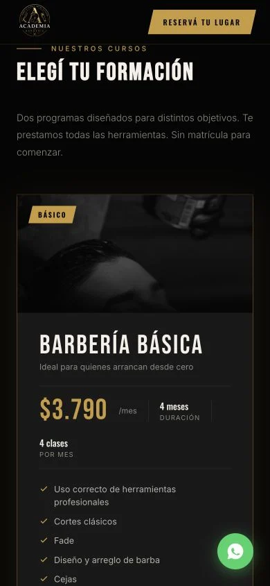 Curso de barbería apresentado na versão móvel do site da academia.